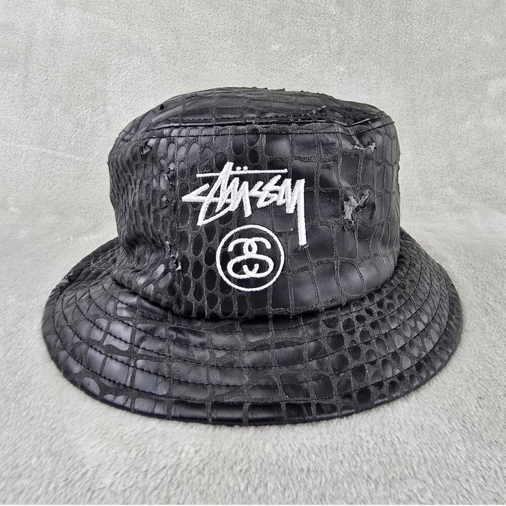 Stussy Bucket Hat Mens Large/XL Black Crocodile Effect Faux Leather *FLAWS *
